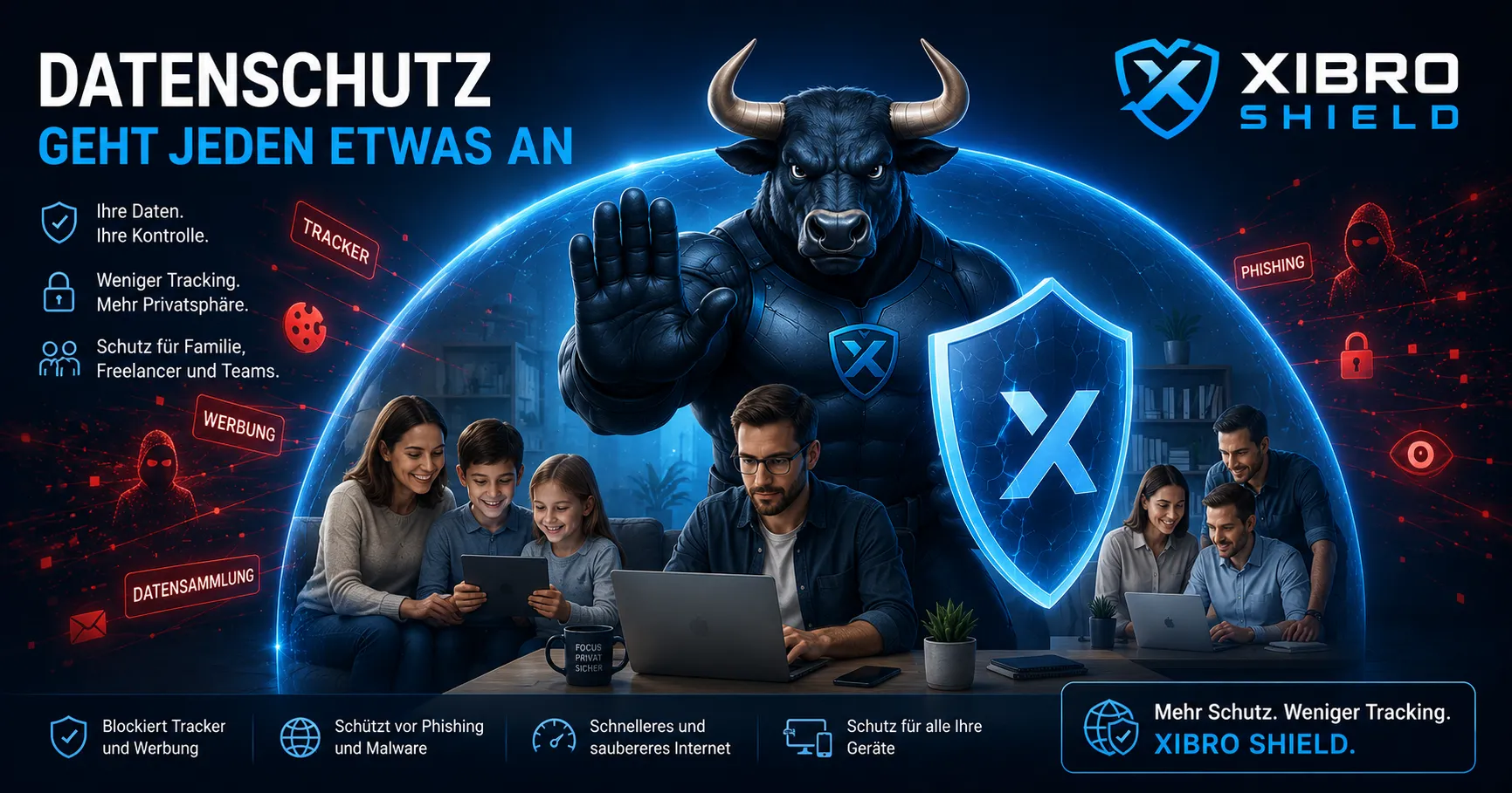 XIBRO SHIELD Bull schützt Familie und Freelancer vor Datensammlung und Tracking im Internet