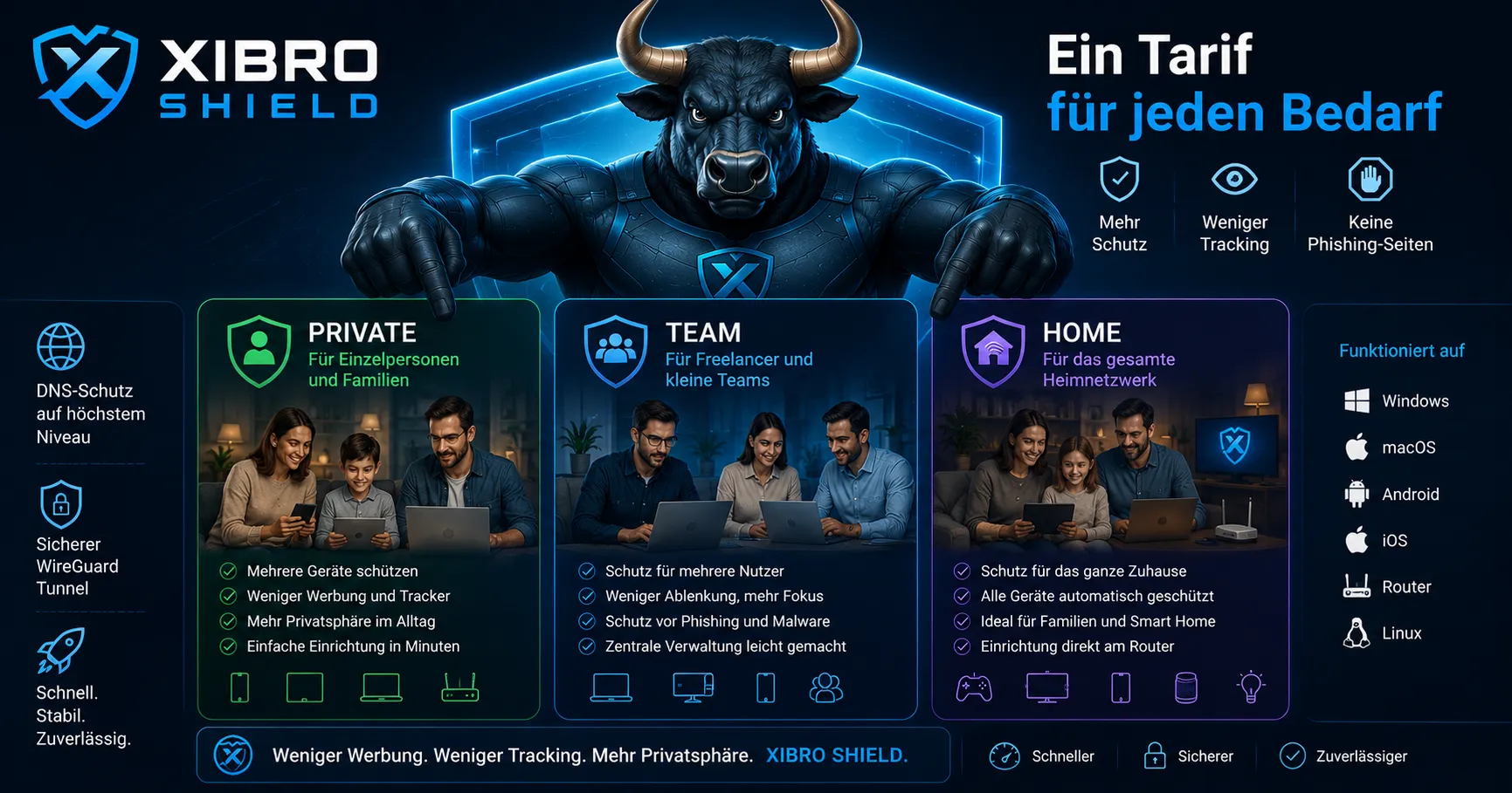 XIBRO SHIELD Bull präsentiert die Tarife PRIVATE TEAM und HOME für sicheren Internetschutz