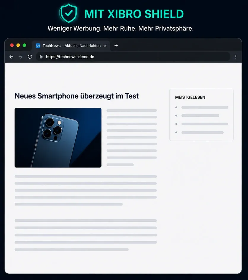 Aufgeräumte Webseite mit weniger Werbung und Tracking durch XIBRO SHIELD