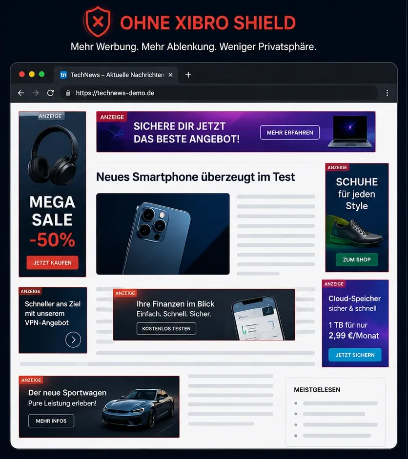 Webseite mit Werbung und störenden Anzeigen ohne XIBRO SHIELD