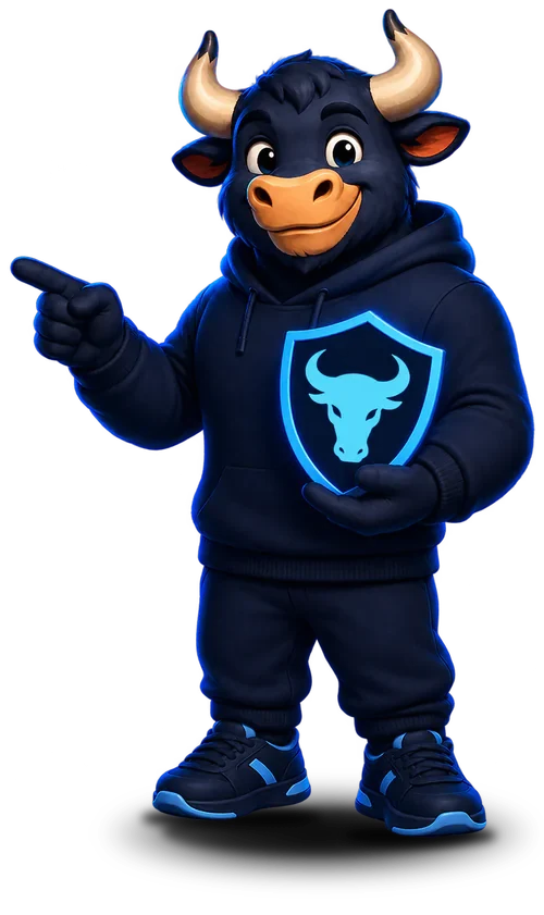 Friendly XIBRO SHIELD mascot with a shield as the visual finish of the call-to-action section