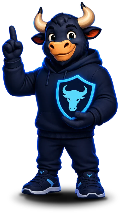 Friendly XIBRO SHIELD mascot with a shield, pointing a finger upwards
