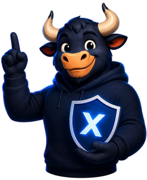Freundliches XIBRO SHIELD Maskottchen mit Schutzschild und nach oben zeigendem Finger