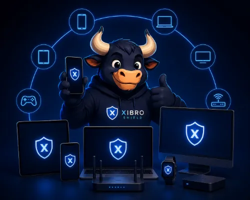 XIBRO SHIELD schützt Smartphone, Tablet, Laptop, Computer und Router vor Werbung, Trackern und Phishing