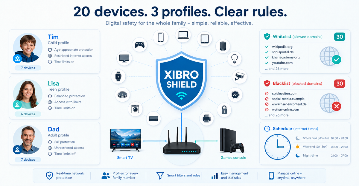 DNS filter for a family with 20 devices: what FAMILIE offers in concrete terms