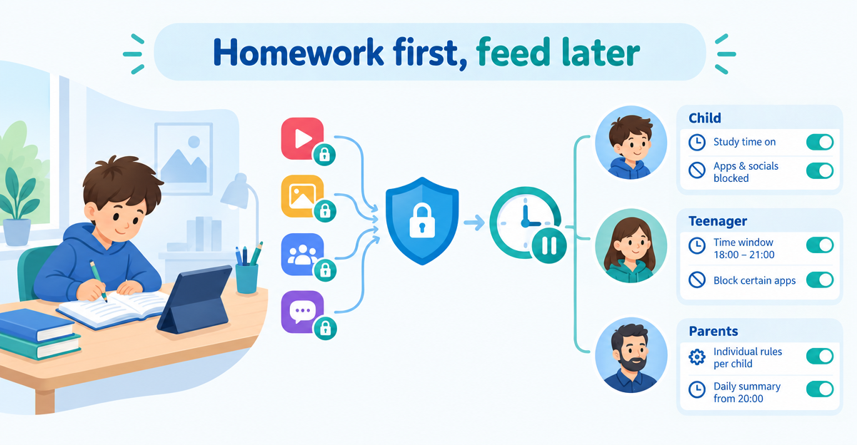 Blocking social media during homework: rules that kick in automatically