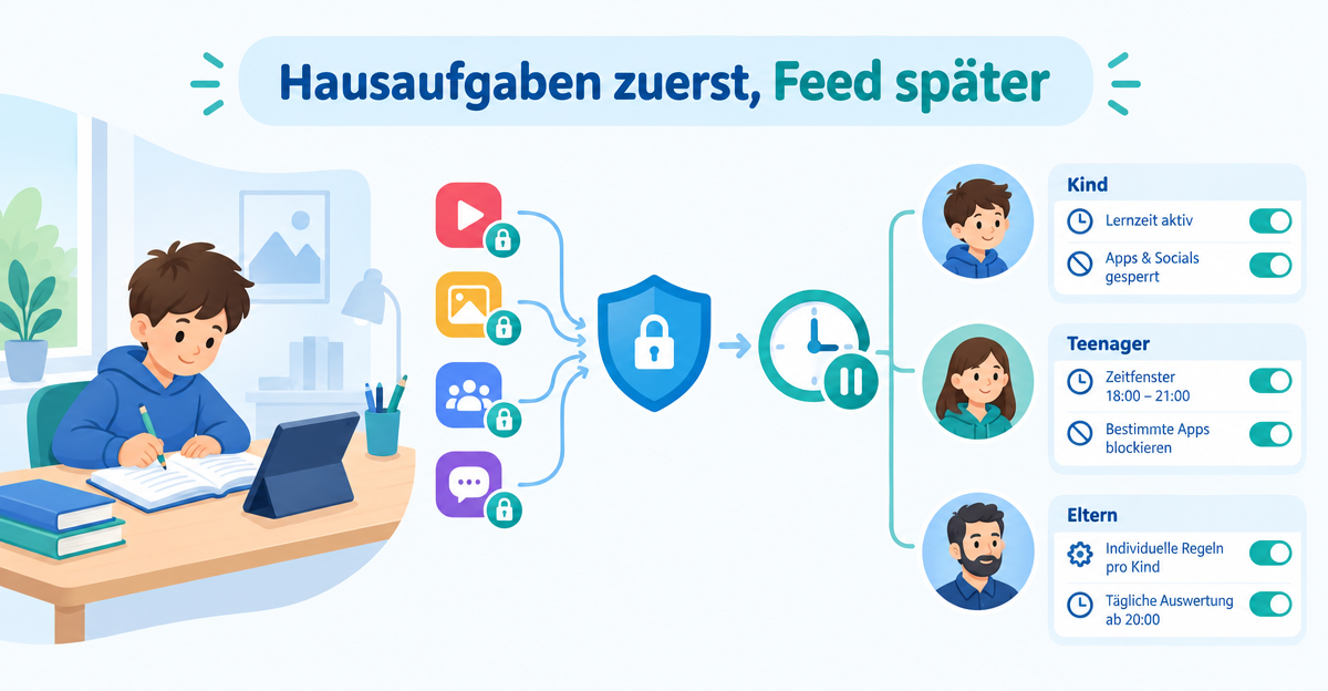 Social Media während Hausaufgaben sperren: Regeln, die automatisch greifen
