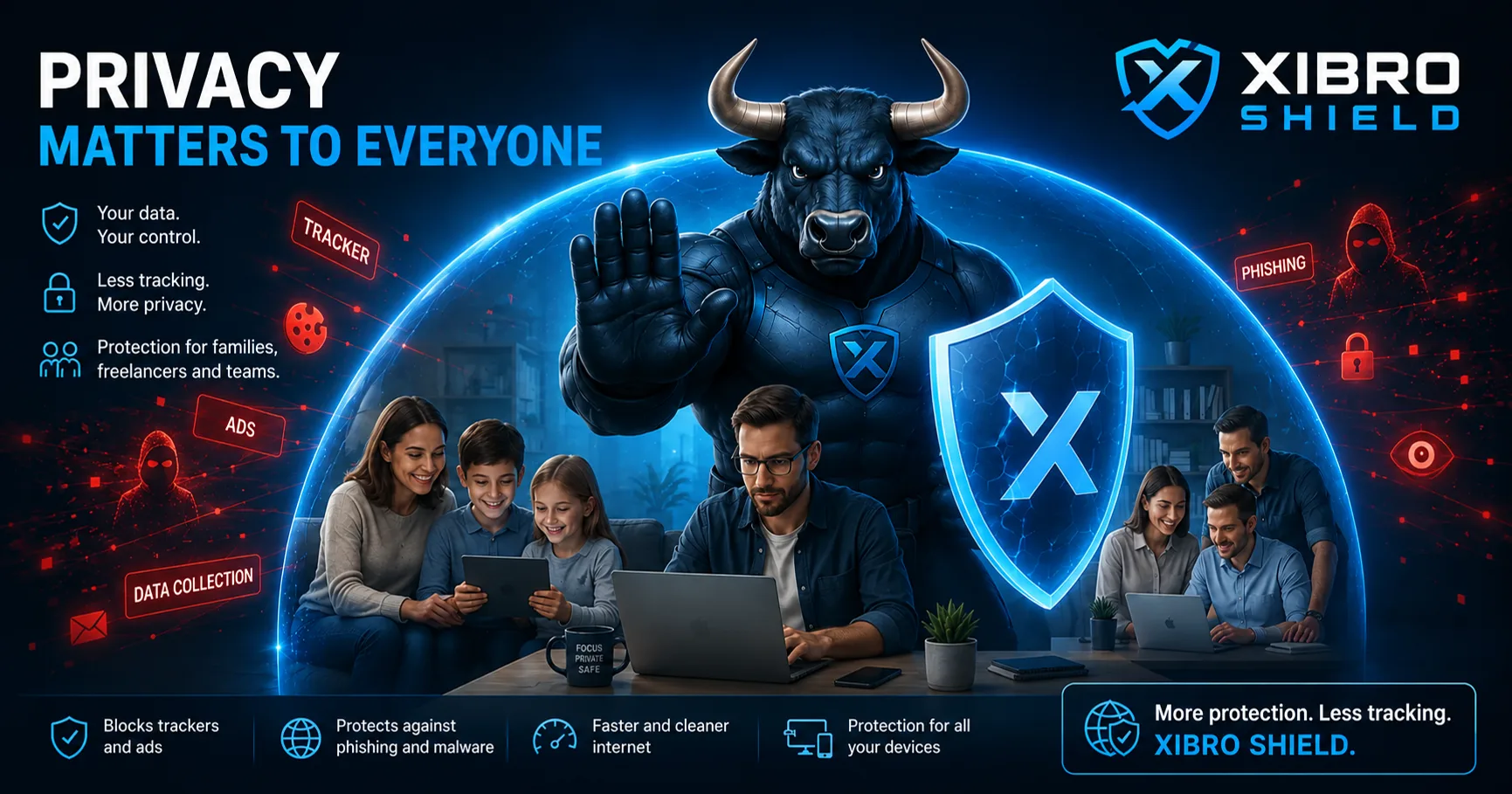 XIBRO SHIELD bull protects families and freelancers against data collection and tracking on the internet