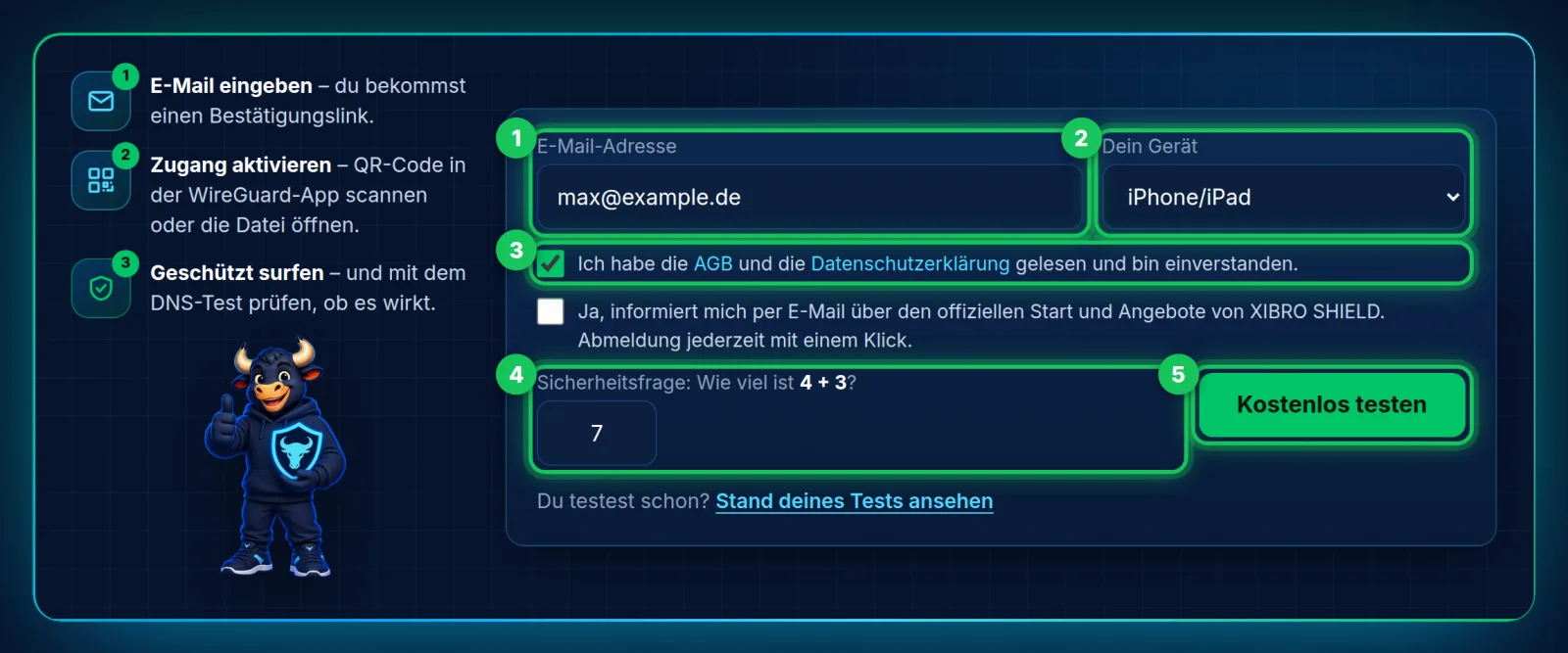 Das Formular auf xibro.de/kostenlos-testen