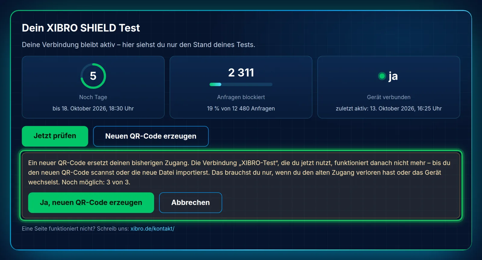 Vor einem neuen QR-Code fragt die Seite nach