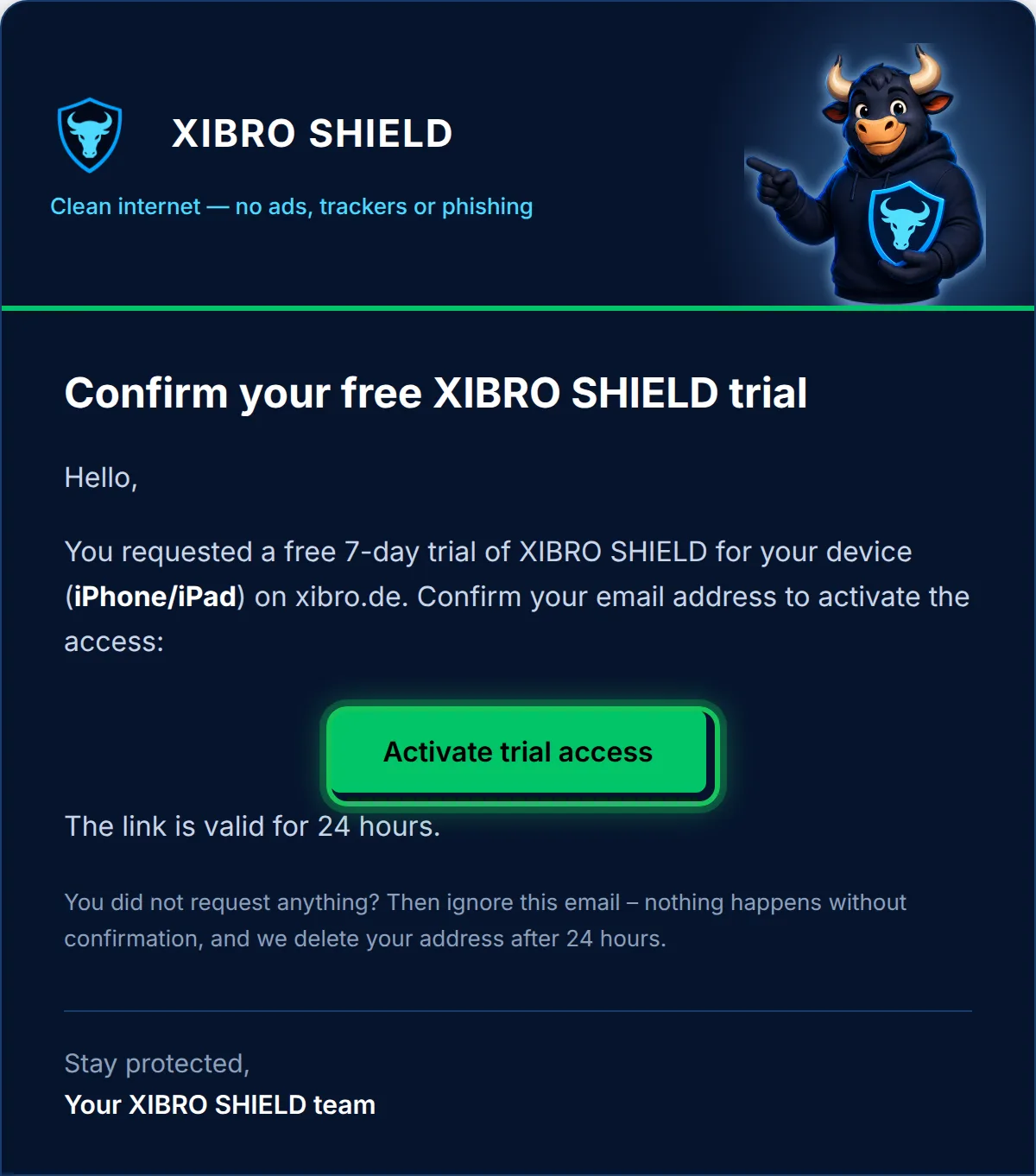 The confirmation email with the “Activate trial access” button