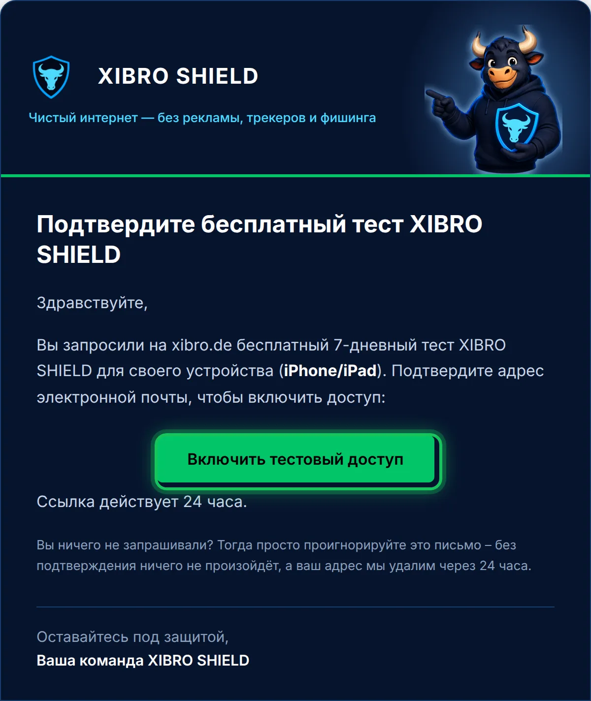 Письмо-подтверждение с кнопкой «Включить тестовый доступ»