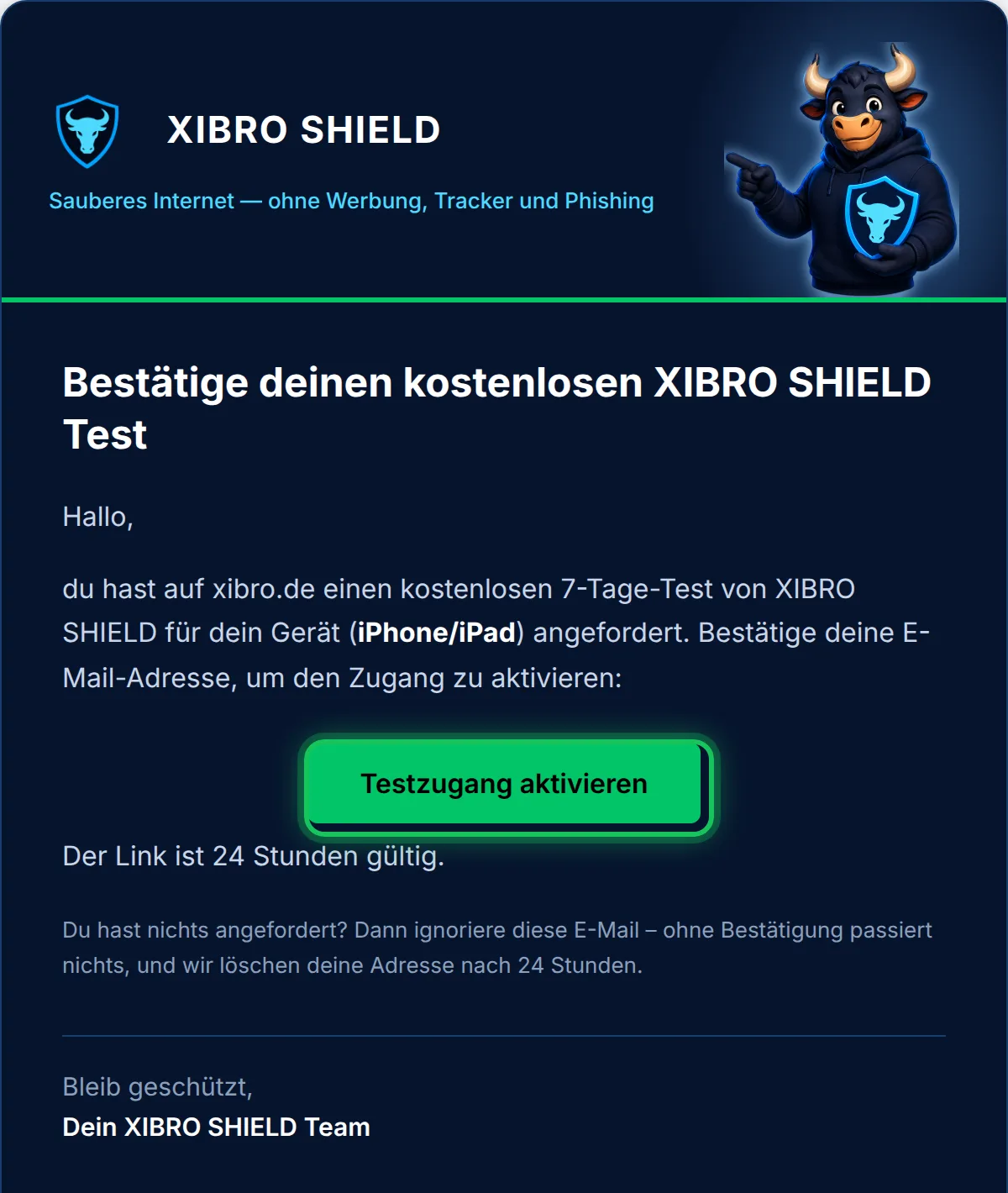 Die Bestätigungs-E-Mail mit dem Button „Testzugang aktivieren“