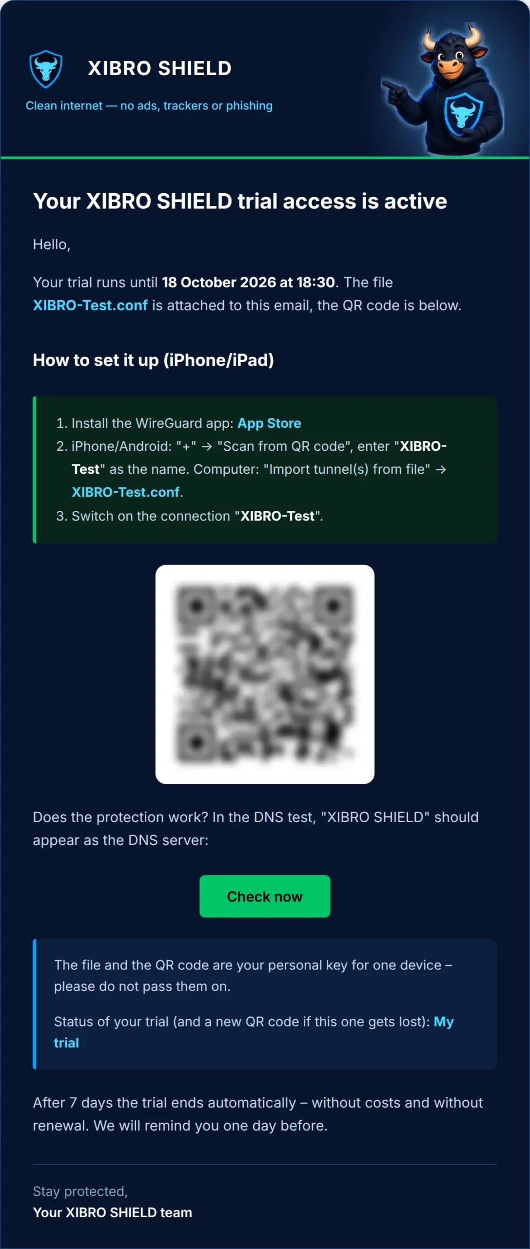 The access email: file attached, QR code and instructions (QR blurred)