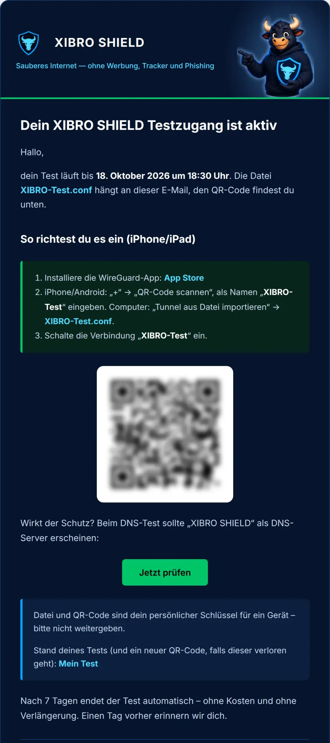 Die Zugangs-E-Mail: Datei im Anhang, QR-Code und Anleitung (QR unscharf gemacht)