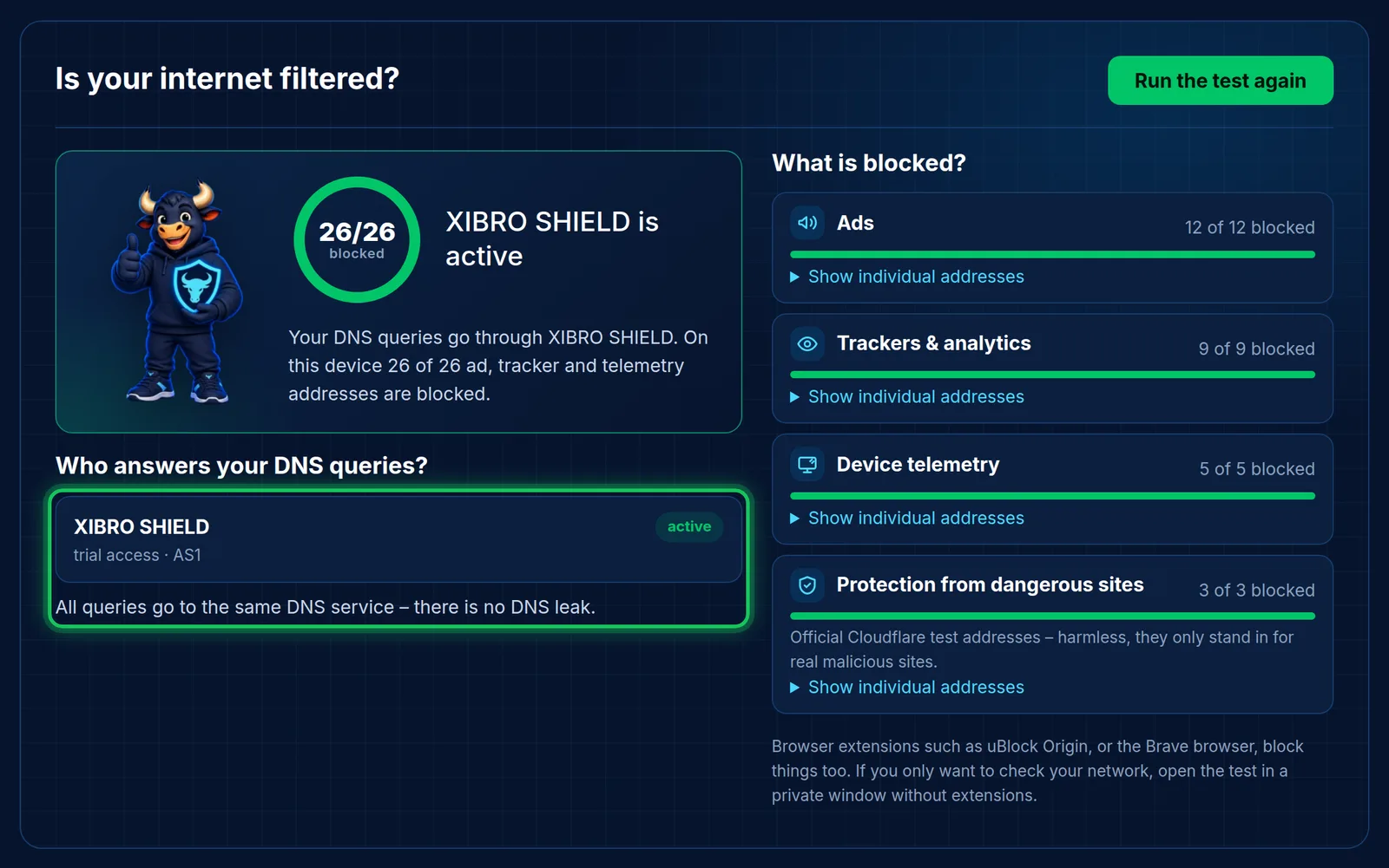 The DNS test: XIBRO SHIELD answers the DNS queries