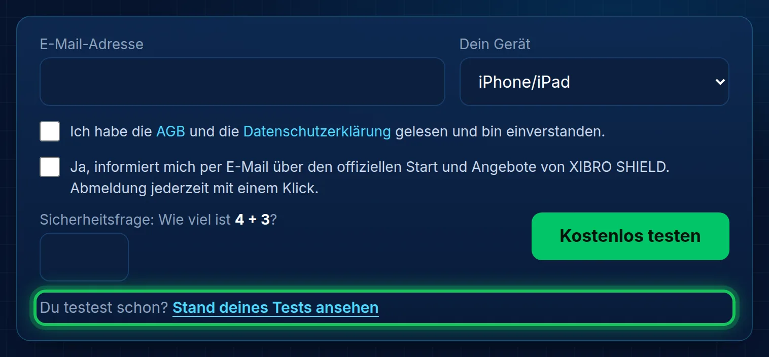 „Du testest schon?“ steht direkt unter dem Formular