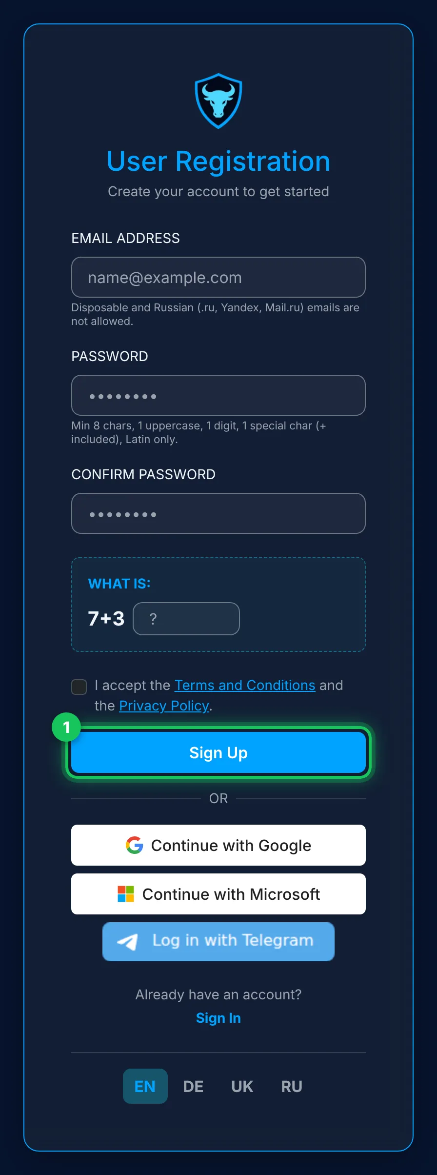 Signing up on my.xibro.de