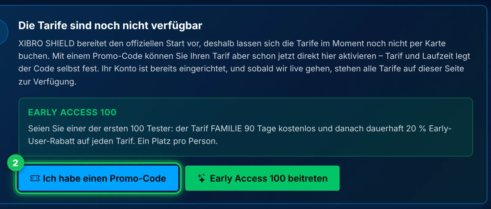 Die Seite „Tarif“ vor dem offiziellen Start