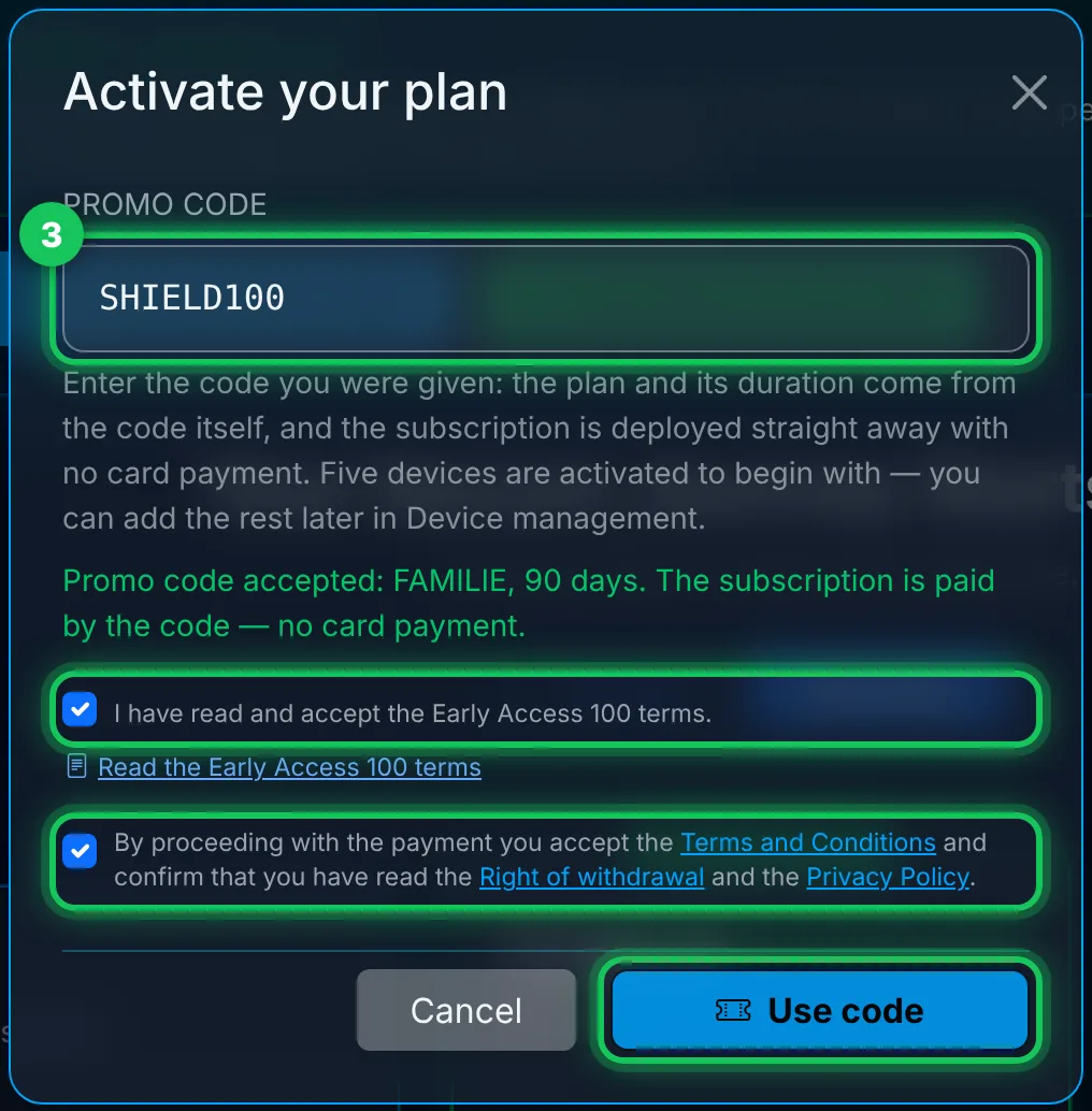 Enter the code, tick both boxes, “Use code”