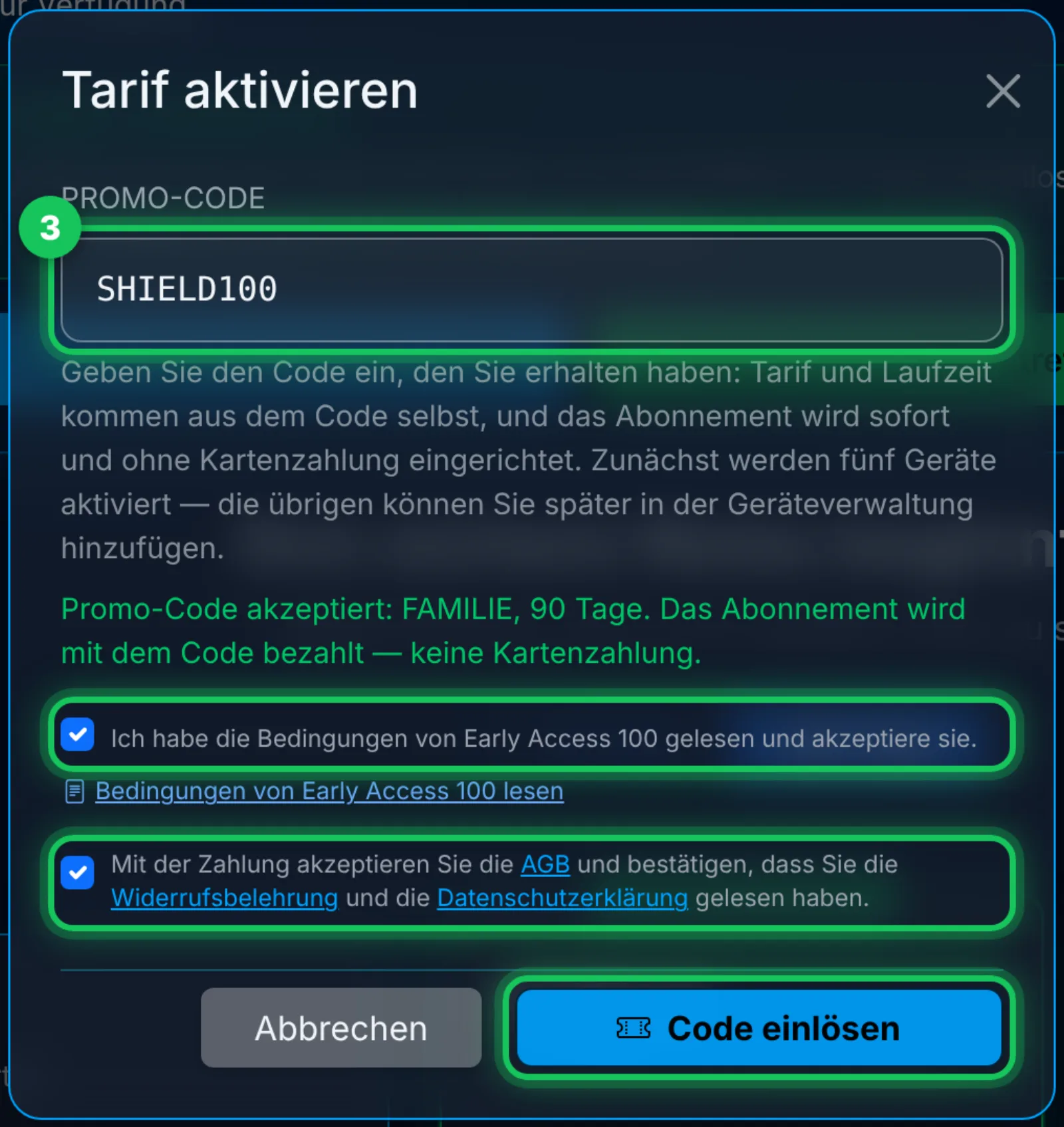 Code eingeben, beide Häkchen setzen, „Code einlösen“