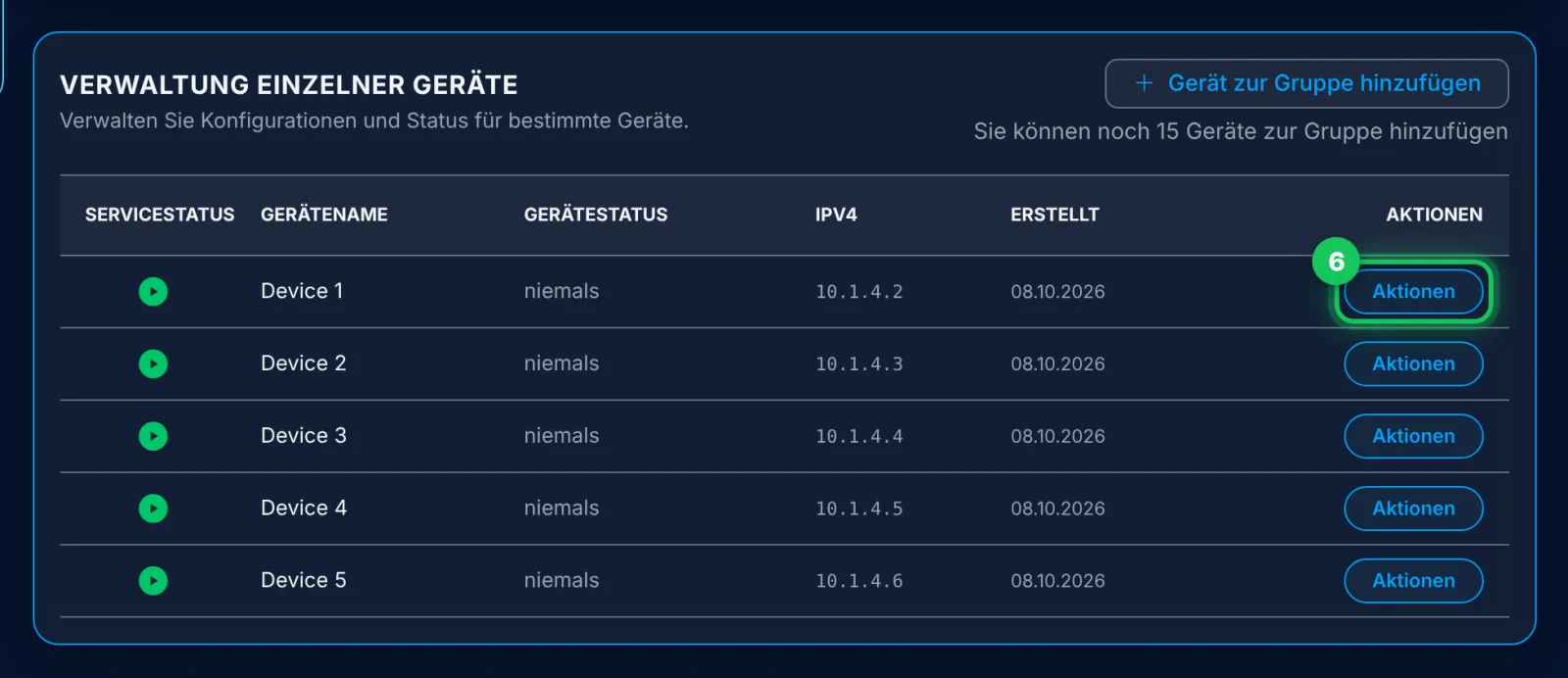 In der Geräteverwaltung: „Aktionen“ beim gewünschten Gerät