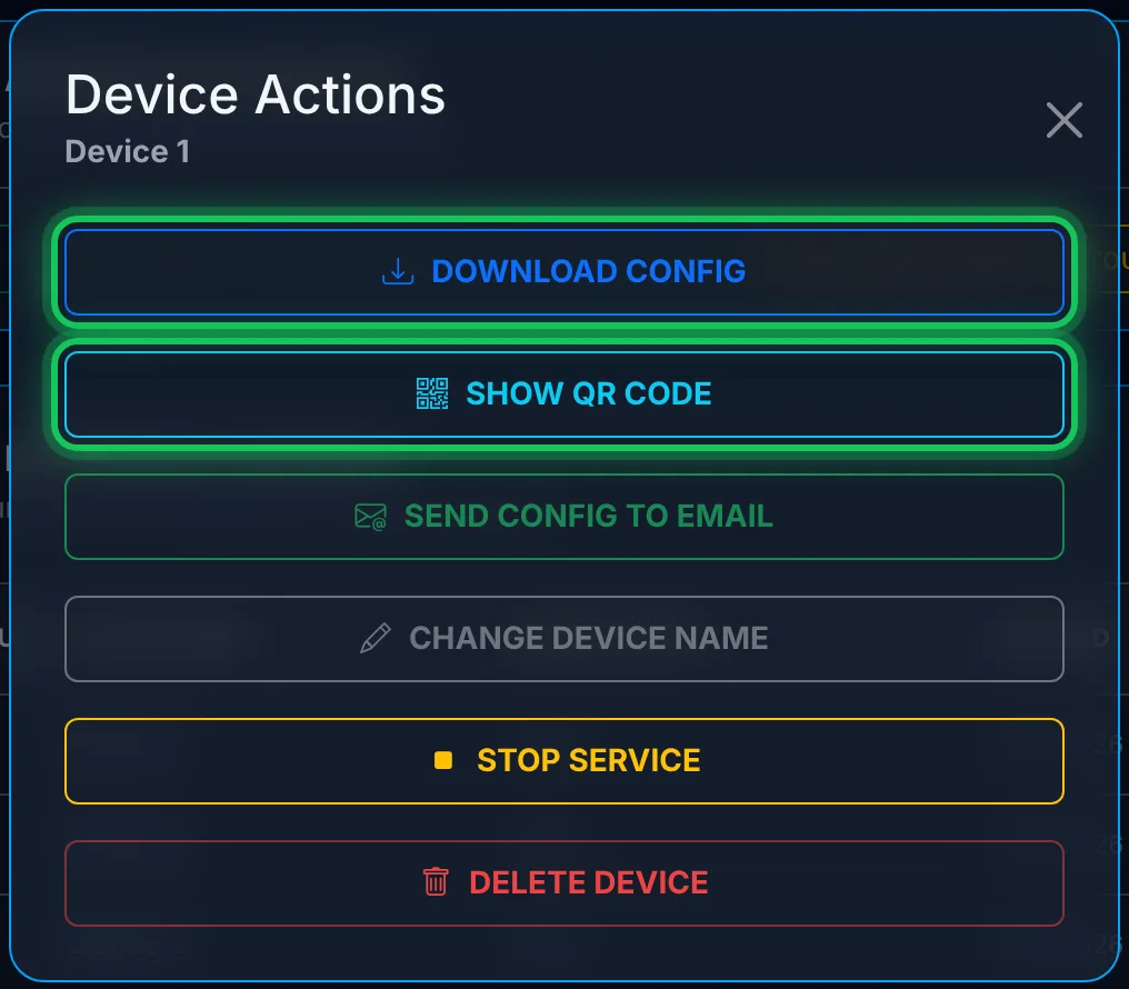 Two options: download the configuration or show the QR code