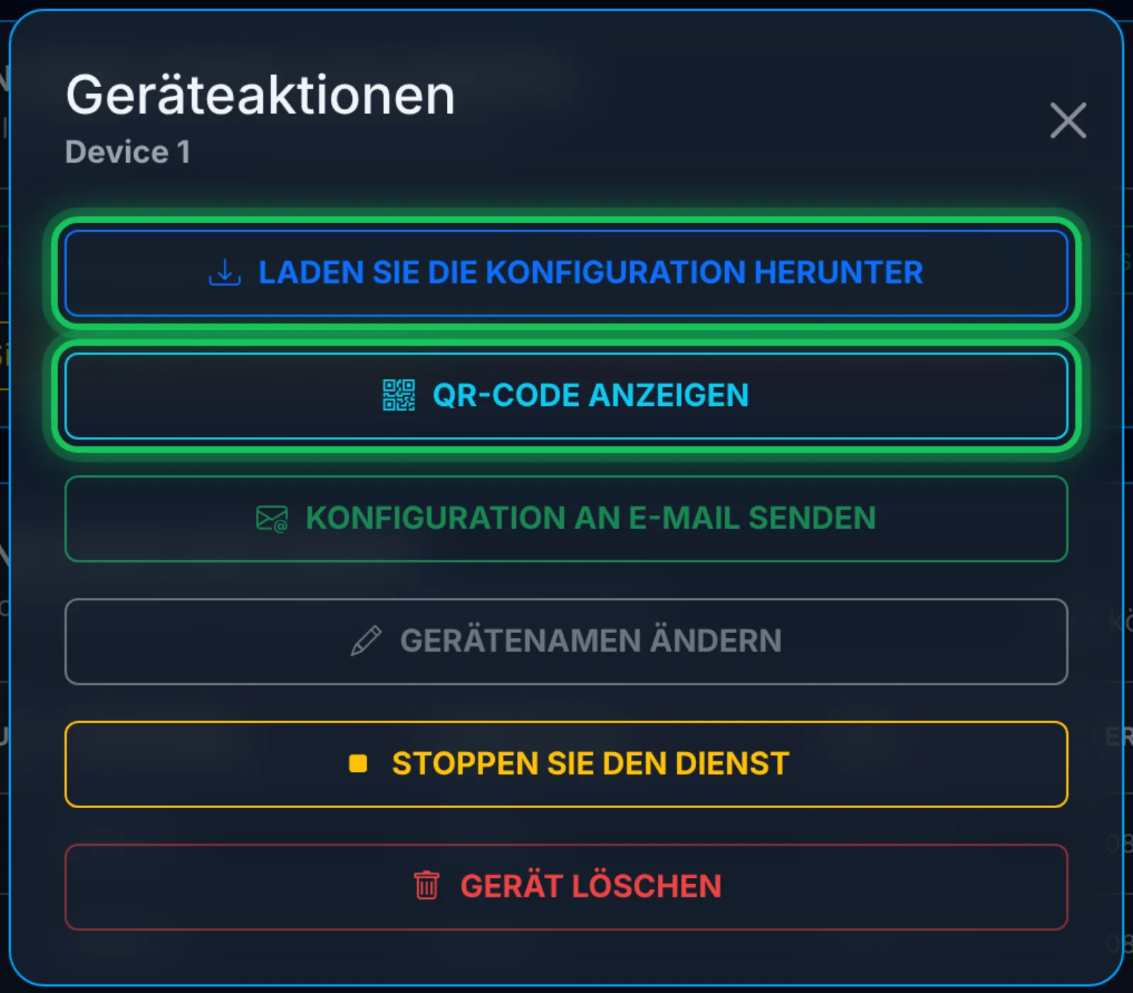 Zwei Wege: Konfiguration herunterladen oder QR-Code anzeigen