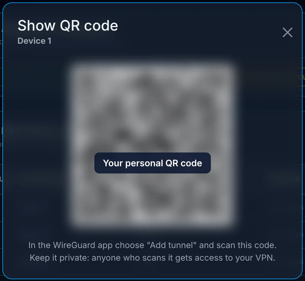 You scan the QR code with the WireGuard app (blurred here)