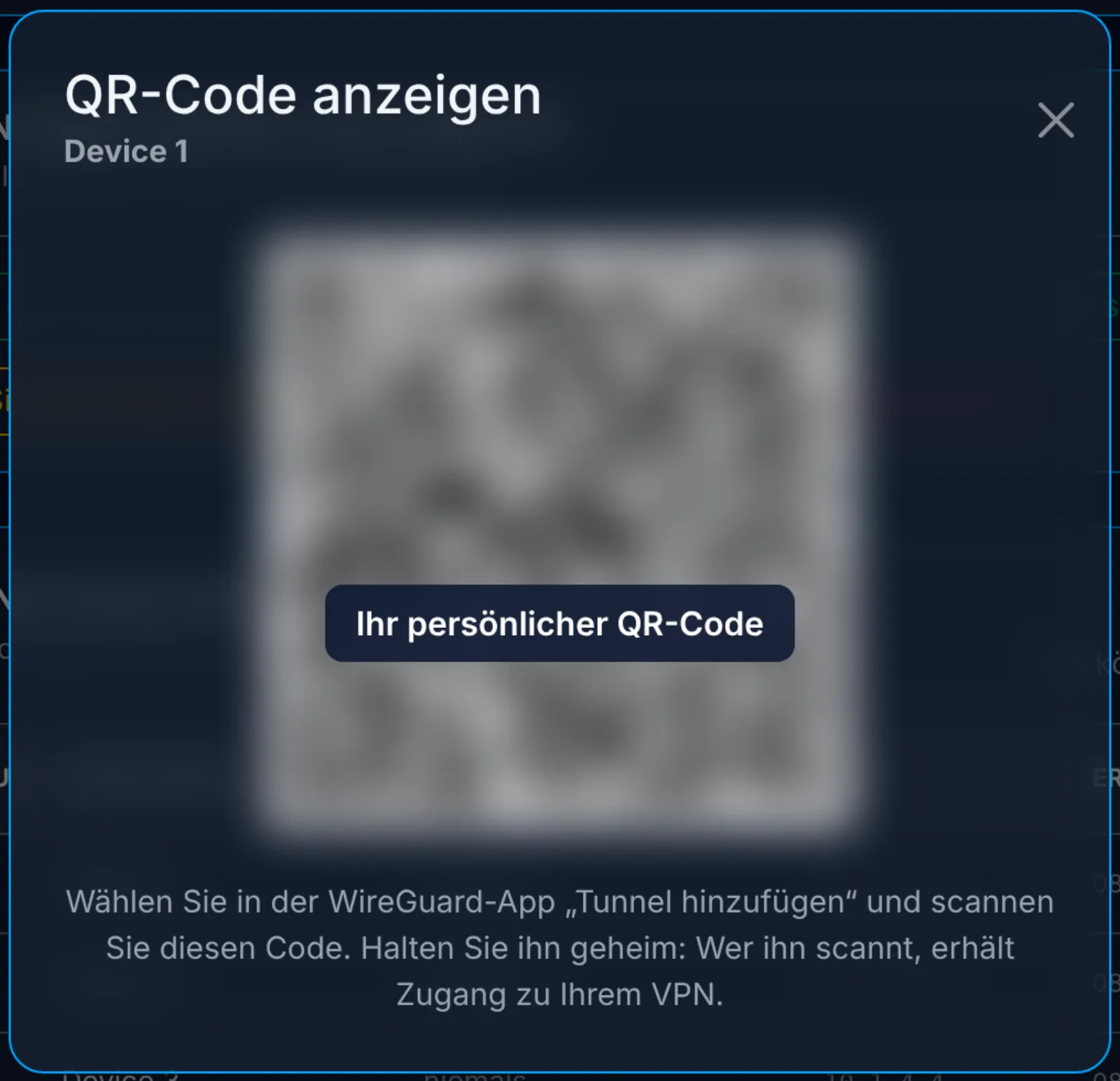 Den QR-Code scannst du mit der WireGuard-App (hier unscharf gemacht)