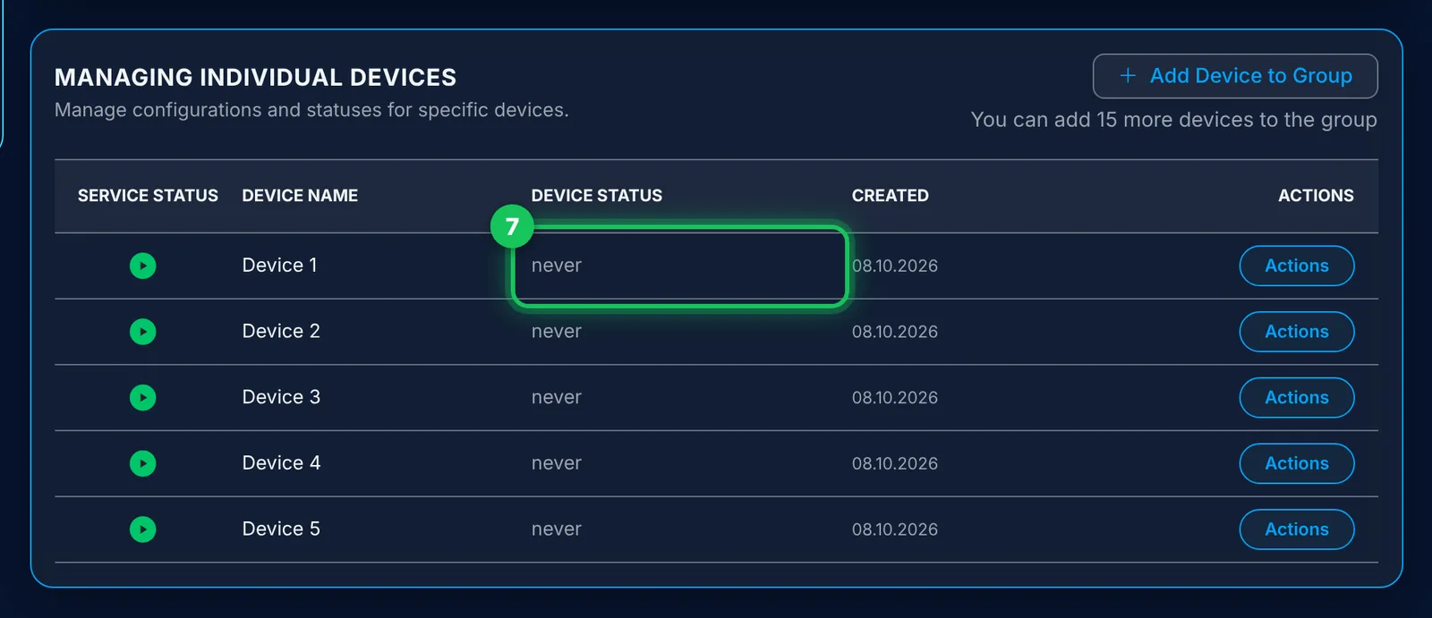 “never” means: this device has never connected