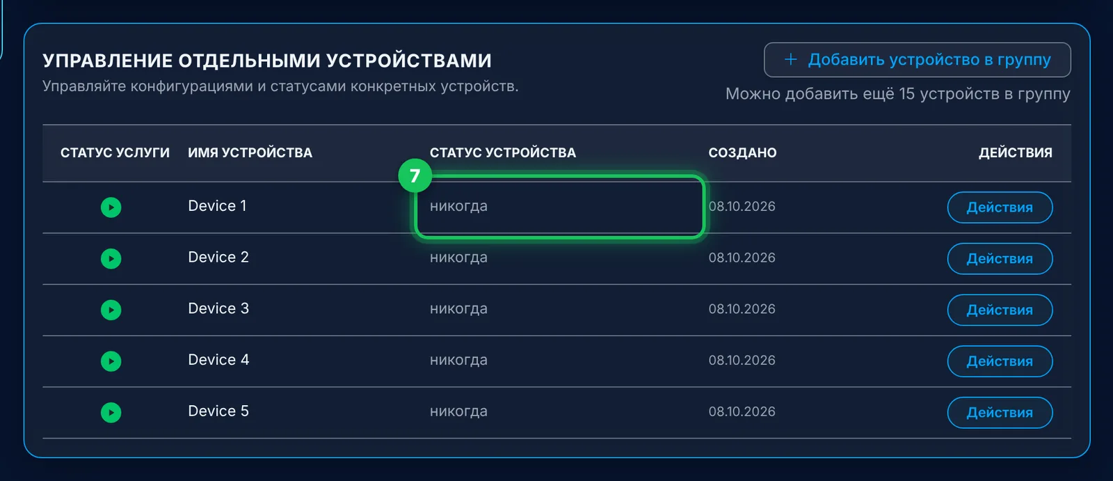 «никогда» означает: это устройство ещё ни разу не подключалось