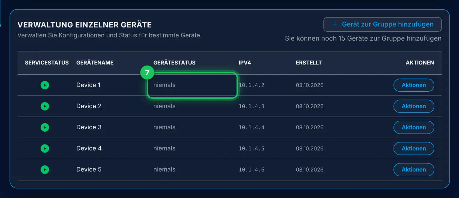 „niemals“ heißt: Dieses Gerät hat sich noch nie verbunden