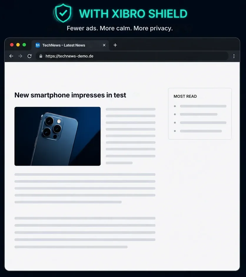 Tidy website with fewer ads and less tracking thanks to XIBRO SHIELD