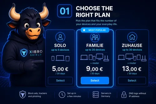 XIBRO SHIELD plans SOLO, FAMILIE and ZUHAUSE for different devices and needs