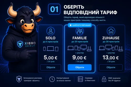 Тарифи XIBRO SHIELD SOLO, FAMILIE і ZUHAUSE для різних пристроїв і потреб