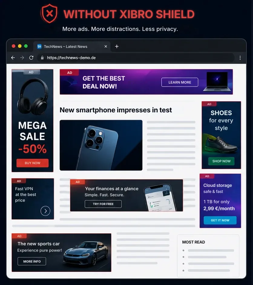 Website full of ads and distracting banners without XIBRO SHIELD